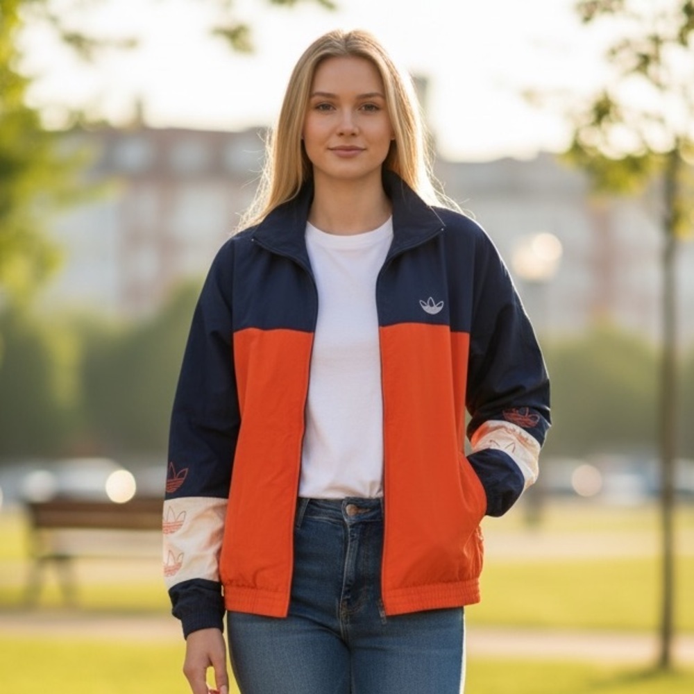 Adidas Women's Bold Navy and Orange Bomber Jacket - Casual Sporty - Size S